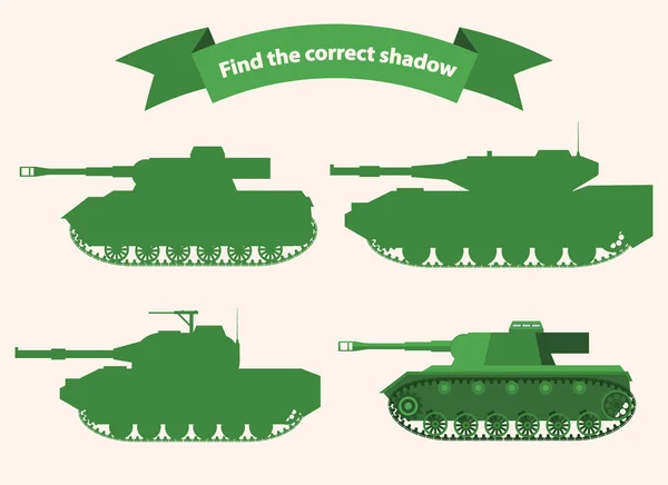 Najít správné stínové nádrže.Vzdělávací hra pro děti vojenských tanků . — Stockový vektor