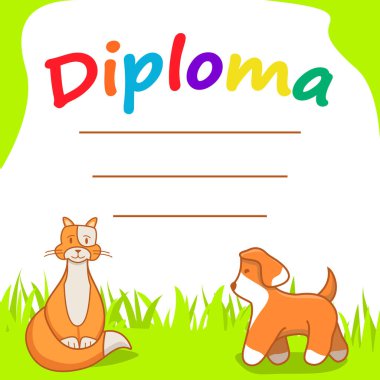 Çocuklar için diploma taslağı. Çizgi film karakteri kedi ve köpek..