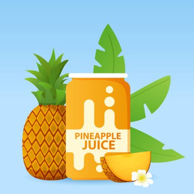 Alüminyum kutu ve ananas suyu. Olgun tropik meyve.