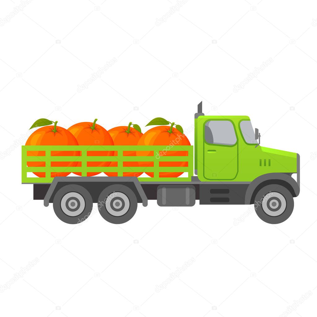 Food delivery truck orange. Harvesting Tropical Citrus Fruits.