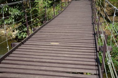 Kanchanaburi Tayland, orman içinde ahşap askı köprü