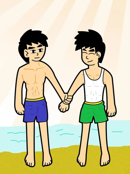 Young Boy Holding Hands Beach Cartoon — Stock Photo, Image