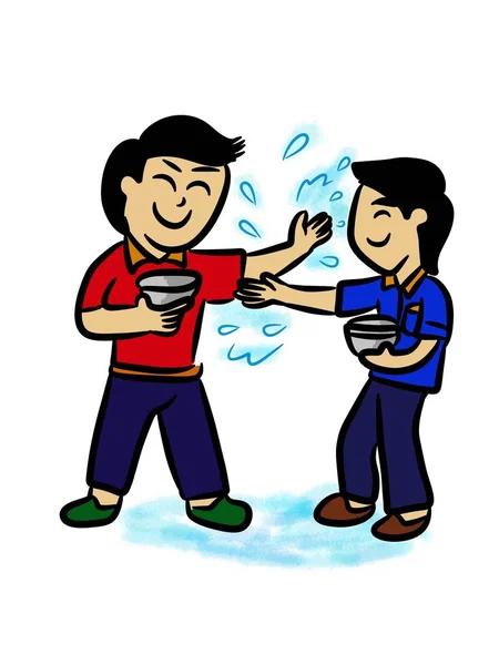 Two Man Splash Water Songkran Day Kid Drawing — Stock Photo, Image