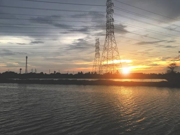 Dam Och Solnedgång Landet Thailand — Stockfoto