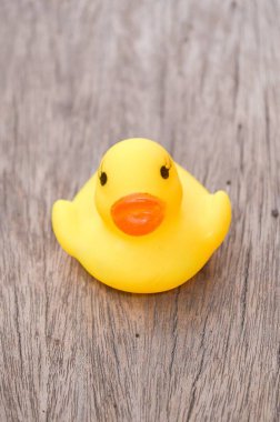 Ahşap zeminde sarı plastik ördek bebeği