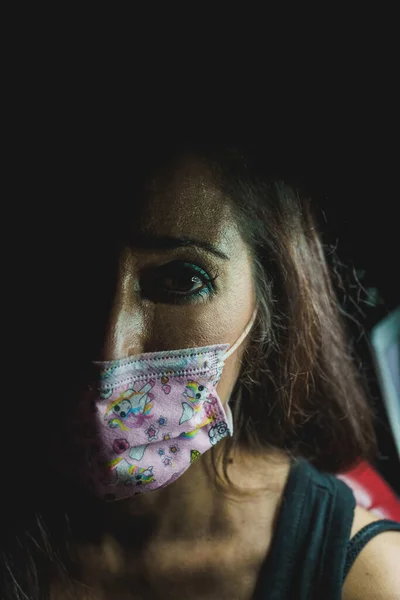 Close Portrait Woman Wearing Medical Mask Lifestyle Mask Pink Unicorns — Stock Photo, Image