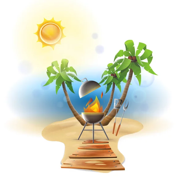 Beach Barbecue Party Sonniger Tag Grillen Und Utensilien Einem Sonnigen — Stockvektor