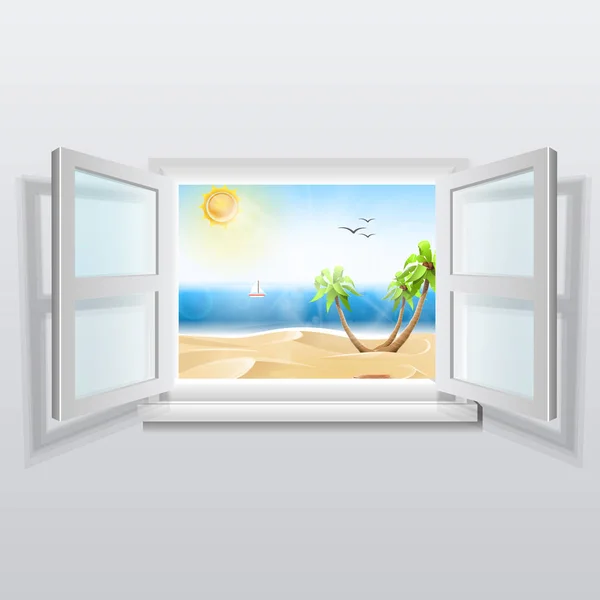 Ventana Abierta Con Vistas Verano Ventana Blanca Abierta Paisaje Verano — Vector de stock