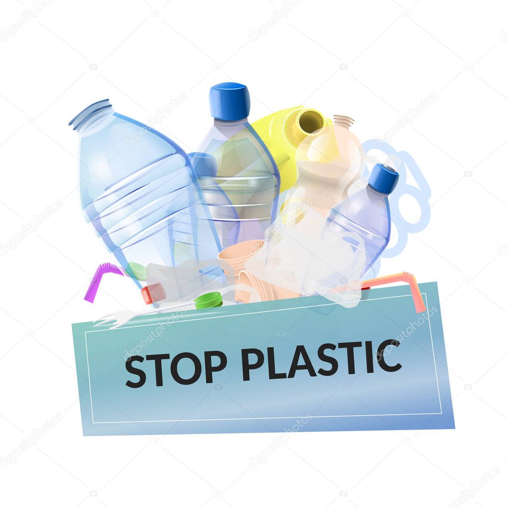 Stop plastic pollution: plastic garbage with poster with text 