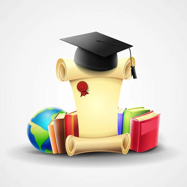 Certified diploma of higher education graduation: Rolled vintage paper, with books, student's mortarboard and teaching elements on light gray background. Vector image