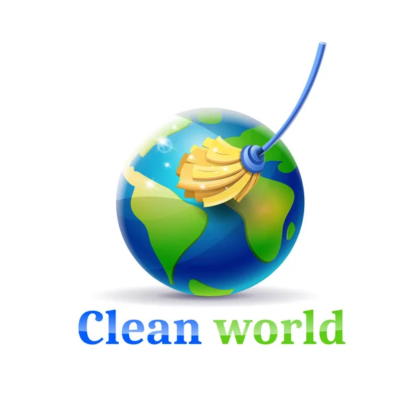 Clean World Pollution Garbage Concept Planet Earth Mop Cleaning — Stock Vector