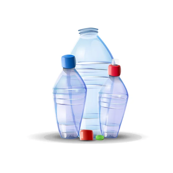 Empty Plastic Water Bottles Three Plastic Bottles White Isolated Background — Stock Vector
