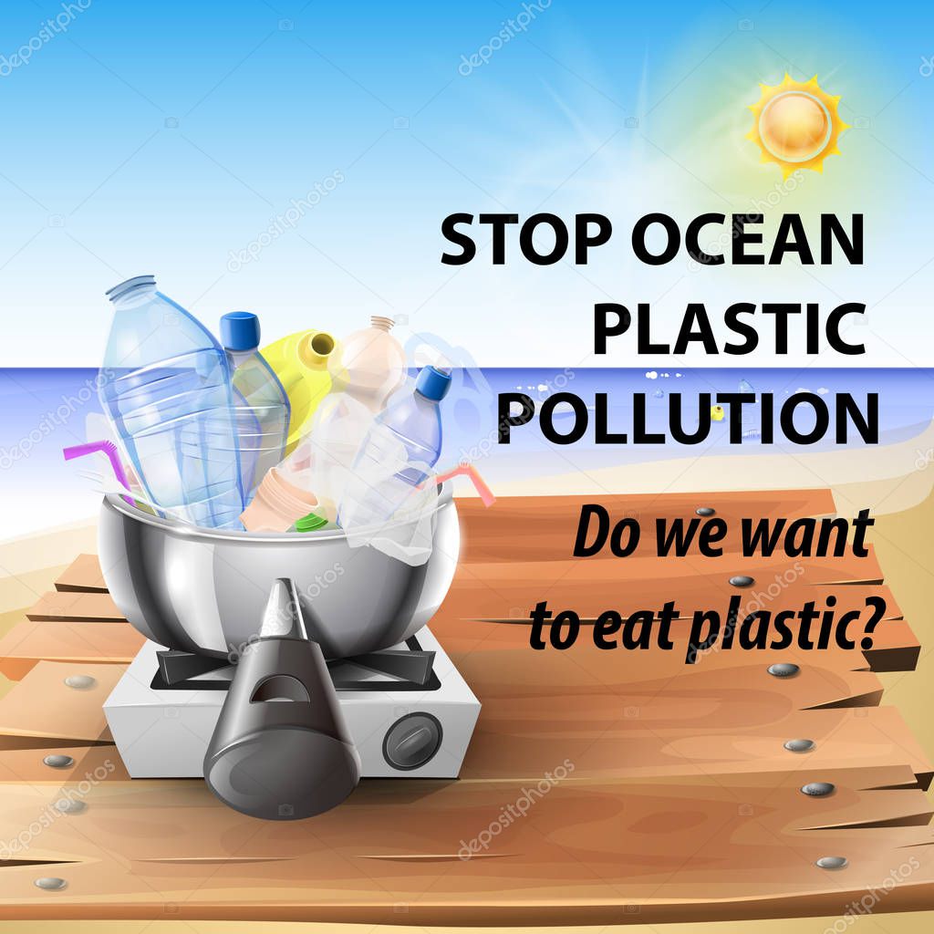 Stop plastic in the oceans: cooking plastic for not saving marine life. Vector image