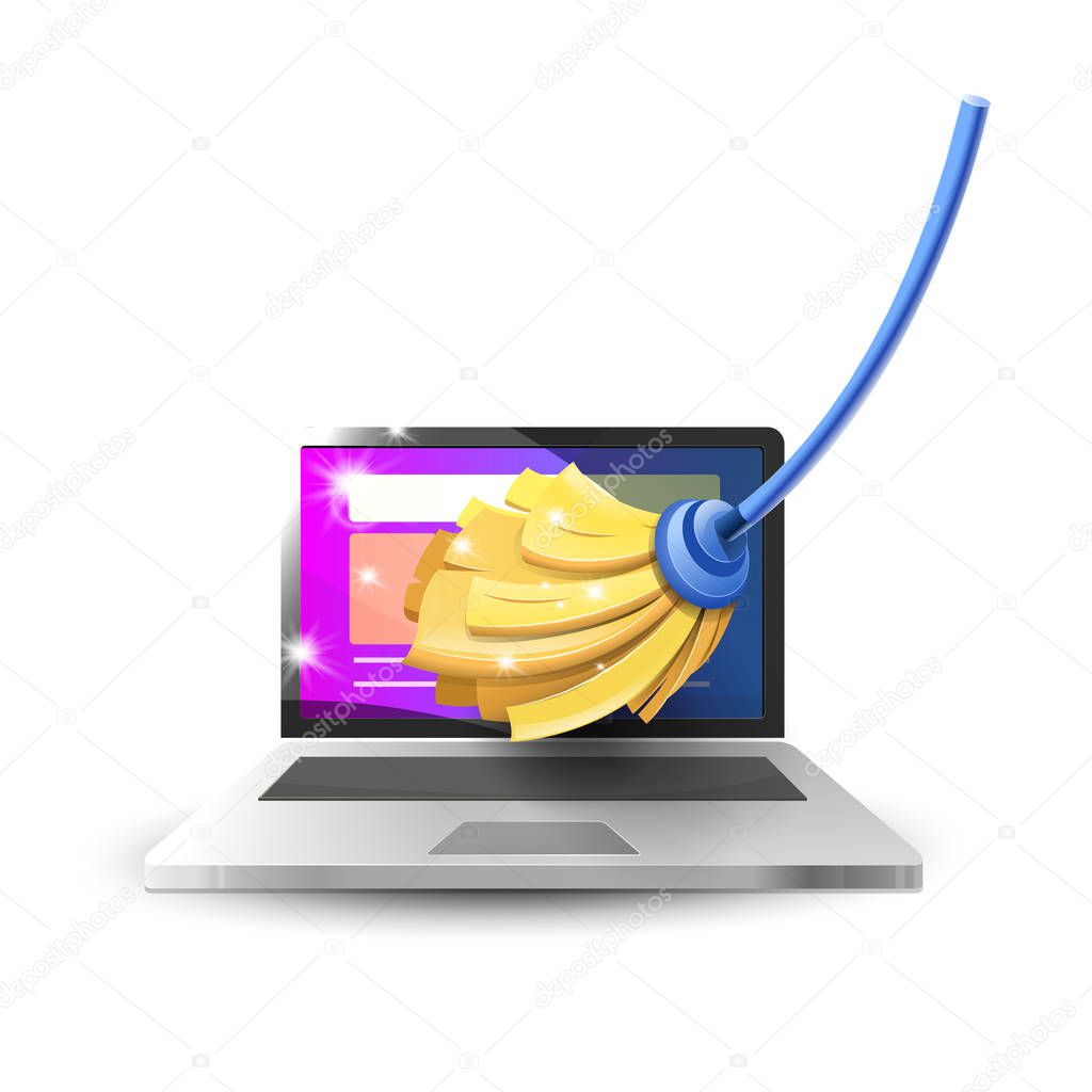 Cleaning and maintenance of computer equipment: Laptop and mop cleaning. Vector