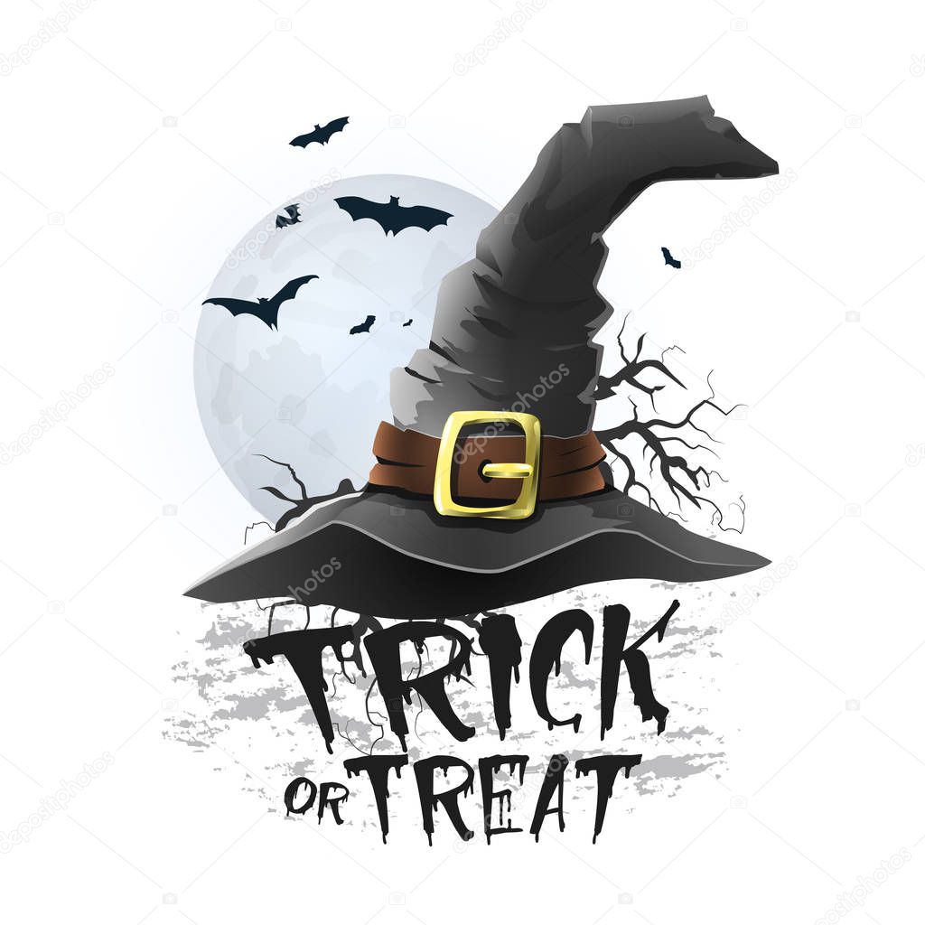 Halloween trick or treat illustration - Witch hat with bats and moon. White background. Vector