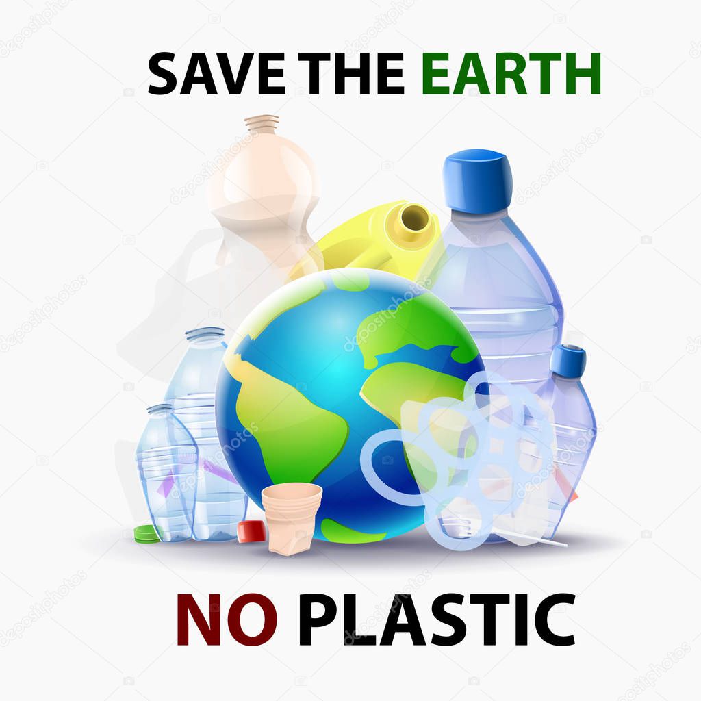 Save the planet from the pollution of plastics - Planet surrounded by plastic garbage. Vector
