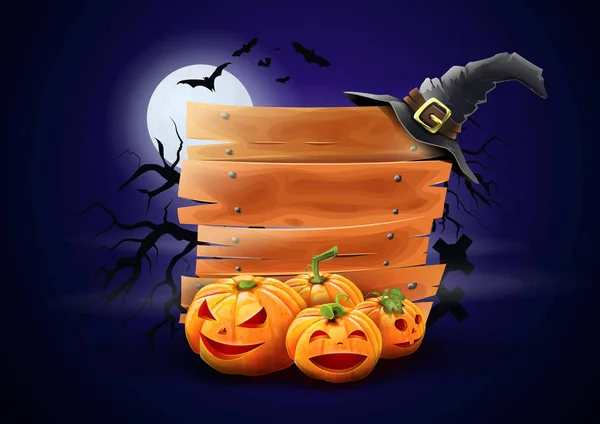 Деревянный Знак Хэллоуина Реклама Тыквы Колпак Ведьмы Вокруг Леса Ночной — стоковый вектор
