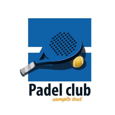 Tenis padel raketi. Mavi logo - mavi ve beyaz parça raket ve raket topu ile.