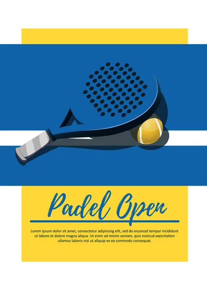 ポスター競争 Padel テニス ラケットとパドルのボール 青と黄色の背景 — ストックベクタ