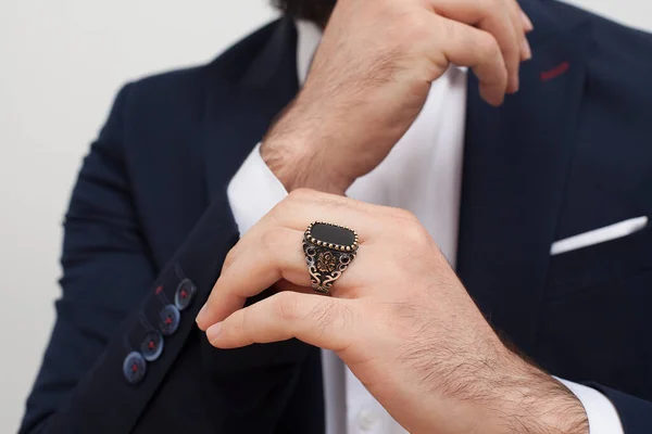 Man Hand Silver Rings His Fingers — Stock Photo, Image