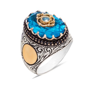 Gümüş, taş, erkek yüzüğü, beyaz arka planda çizilmiş..