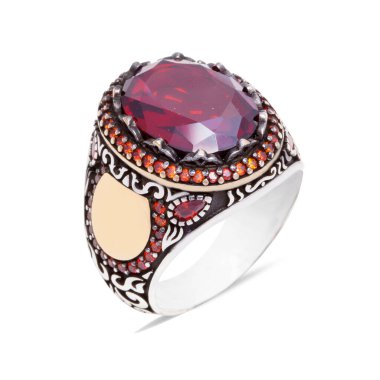 Gümüş, taş, erkek yüzüğü, beyaz arka planda çizilmiş..