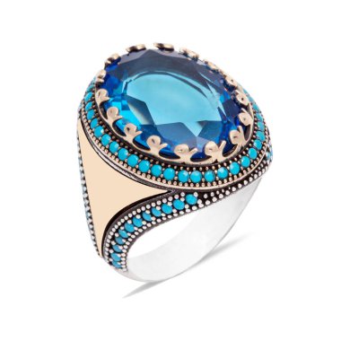 Gümüş, taş, erkek yüzüğü, beyaz arka planda çizilmiş..