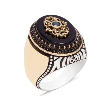 Gümüş, taş, erkek yüzüğü, beyaz arka planda çizilmiş..