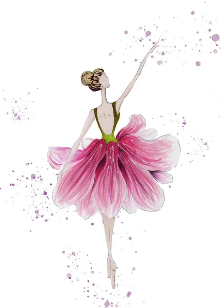 Mão Desenhar Ballet Dançarina Magnolia Flor Bailarina Ilustração — Vetor de Stock