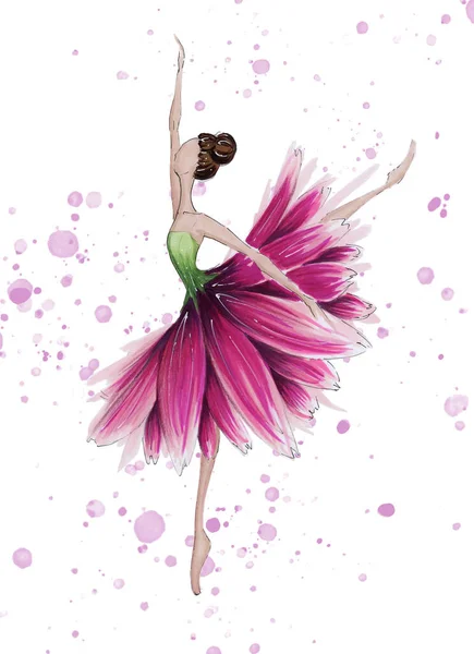 Handtekenaar Balletdanser Gerbera Bloem Ballerina Illustratie — Stockvector