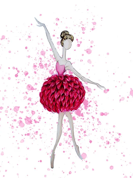 Ręczne Rysowanie Tancerki Baletowej Dahlia Kwiat Baleriny Ilustracja — Wektor stockowy