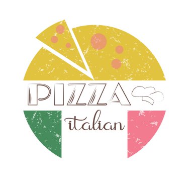 Dükkan logosu için pizza metninin vektör illüstrasyonu. Küçük pizza rozeti, etiket ve ikon. İlham verici alıntı kartı / davetiye / afiş şablonu. Pizza harfli tipografi posteri. 