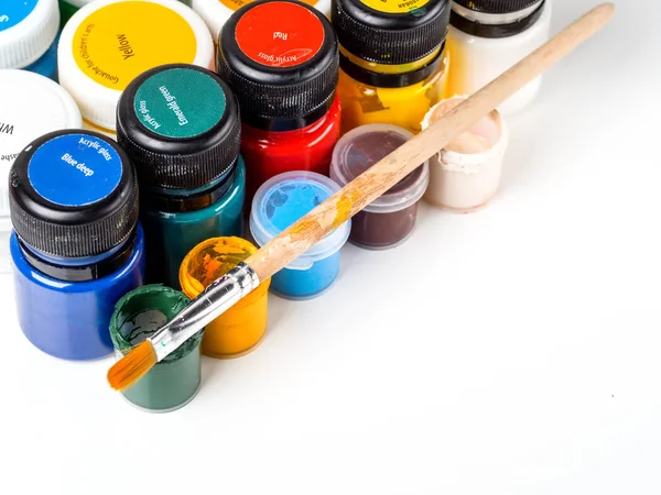 Open Jars Paint Paint Brushes Drawing Children Creativity — Stock Photo, Image