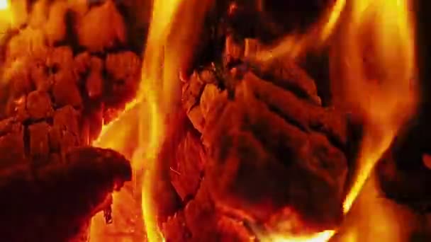 Burning Firewood Coal Closeup Fireplace Closeup View Red Hot Glowing — Stock Video