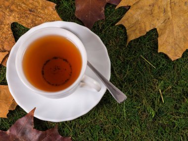 Bir çim üzerinde bir sıcak içecek ve sarı sonbahar Kupası üstten görünüm bırakır