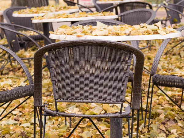 Empty terrace cafe outdoors in autumn. Fallen leaves on a table and chairs