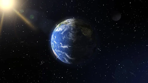 Gerçekçi gezegen dünya ve ay yıldızlı gökyüzü arka planı. Uzaydan gelen bir görünüm. Gezegenler parlak güneşin yanıyor. Astronomik arka plan. Nasa tarafından döşenmiş bu görüntü unsurları