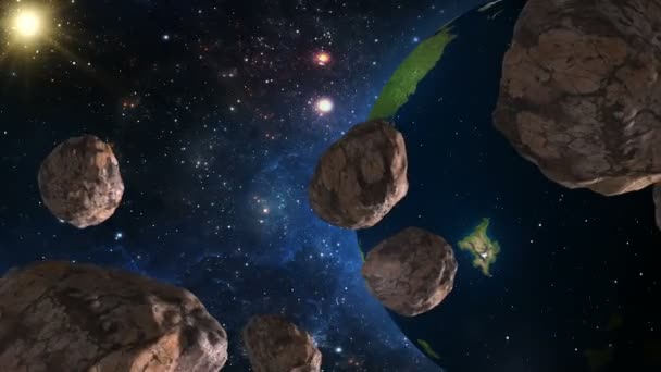 Uma Vista Terra Espaço Asteróides Voando Para Terra Visão Realista — Vídeo de Stock