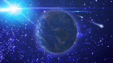 Dünya ve yıldızlı gökyüzünün uzaydan karşı uçan kuyruklu yıldız