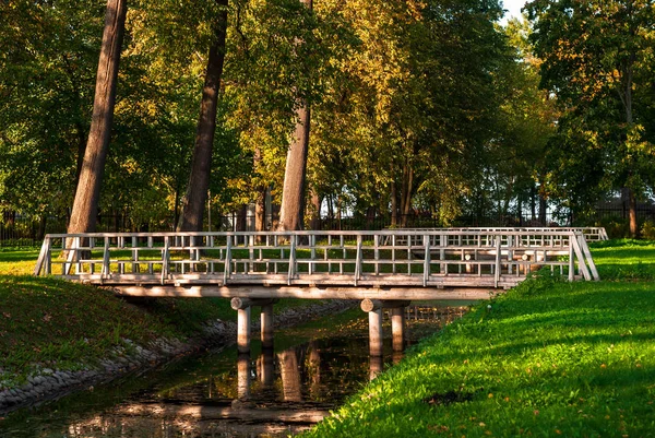 Paysage avec pont en bois sur une petite rivière dans le parc d'automne — Photo