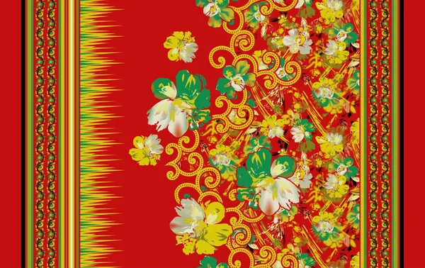 一种用于纺织品和数字印刷的带有巴洛克图案边框的叶子和花朵的抽象花卉构图 — 图库照片