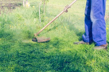 Bir adam yeşil çim çim biçme makinesi güneşli bir günde mows..