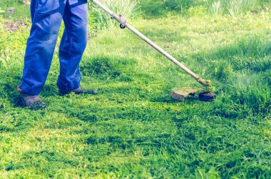 Bir adam yeşil çim çim biçme makinesi güneşli bir günde mows..