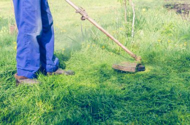 Bir adam yeşil çim çim biçme makinesi güneşli bir günde mows..