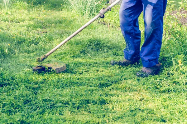 Hombre Corta Una Cortadora Césped Verde Día Soleado — Foto de Stock