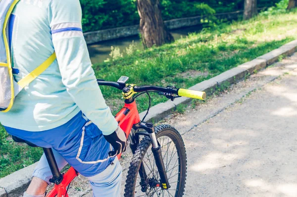 Cyclist Orange Bike Riding Bicycle Path — Stock Photo, Image