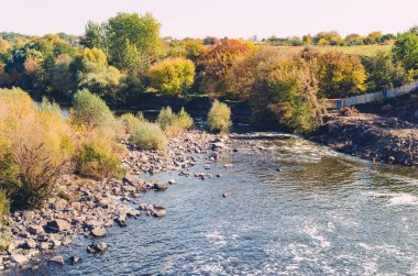 Ağaçları ile çevrili bir nehir taş bloklar.
