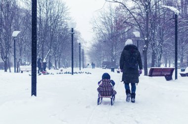 Anne kızı kar yağışı içinde kış Park kızak üzerinde çeker.