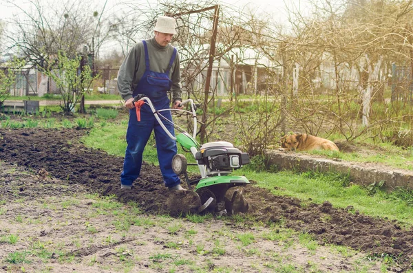 Чоловік Працює Весняному Саду Машиною Обробки Грунту — стокове фото
