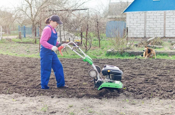 Fiatal Lány Dolgozik Egy Tavaszi Kert Egy Kultivátor — Stock Fotó